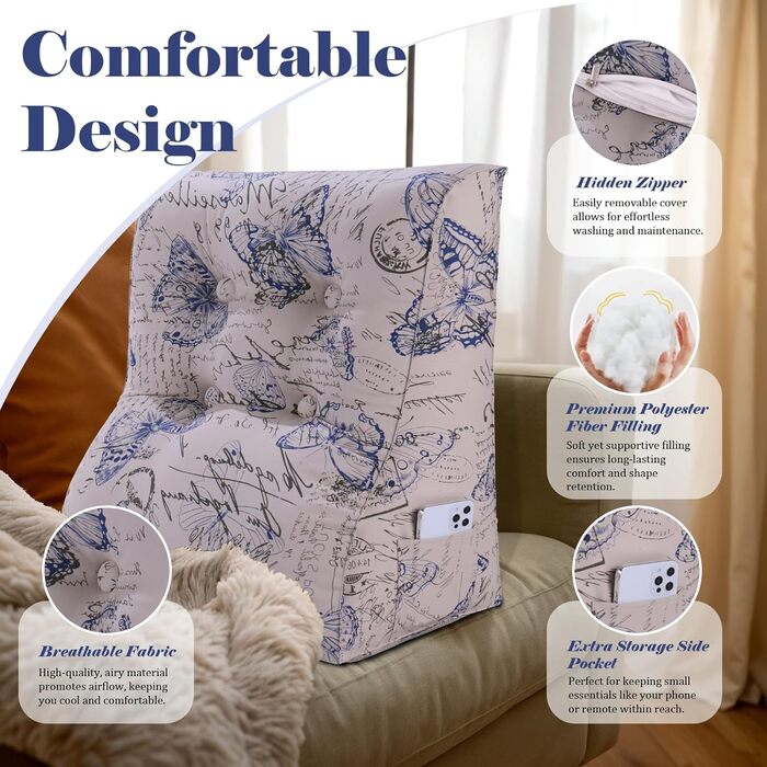 Вигнута подушка для читання для ліжка, узголів&39я, клиноподібна подушка для підтримки спини, піднята спинка для сидіння в ліжку або дивані, зі знімним чохлом, синя з метеликами, 60 см