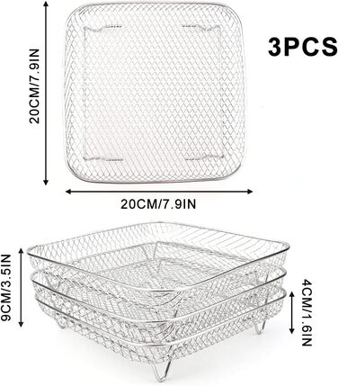Стійки для аерофритюрниці, лоток для кошика аерофритюрниці з нержавіючої сталі 3-шарові штабельовані стійки-дегідратори для випічки у фритюрниці (квадратні), 3
