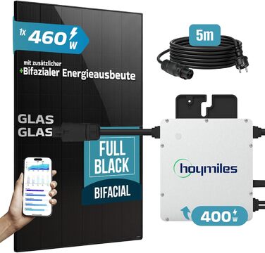 Балконна електростанція SUNNIVA 460 Вт ДВОФАЗІАЛЬНА FULLBLACK у комплекті з розеткою, інвертор HOYMILES 400 Вт, комплект фотоелектричної сонячної системи, двосторонній сонячний модуль N-типу зі скловолокна потужністю 460 Вт, кабель 5 м