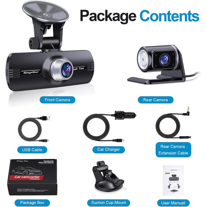 Відеореєстратор автомобільний передній задній, 2.7 екран 1080P FHD автомобільний відеореєстратор відеореєстратор передня камера 17