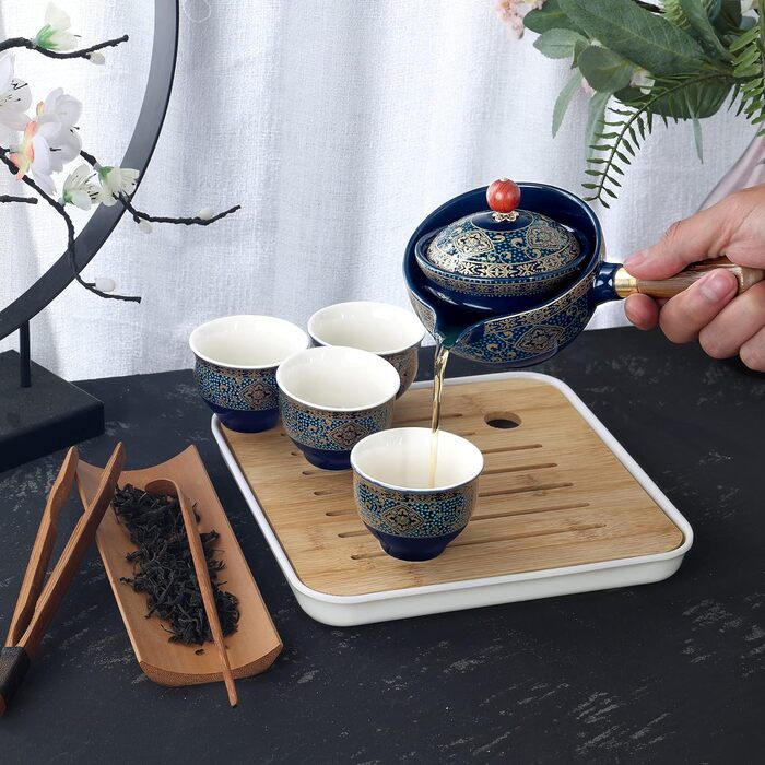 Чайний сервіз Fanquare з порцеляни для подорожей, золотий квітковий візерунок, 4 чашки, чайник та бамбуковий піднос, у дорожній сумці, темно-зелений колір