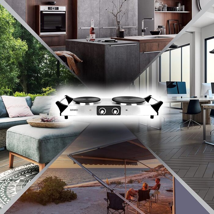 Варильна поверхня Duronic HP2 SS, Кемпінгова плита з 2 варильними поверхнями, Електрична варильна поверхня для кемпінгу, офісу або кухні, Подвійна варильна поверхня з плавним регулюванням температури, Подвійна варильна поверхня 2400 Вт Срібло