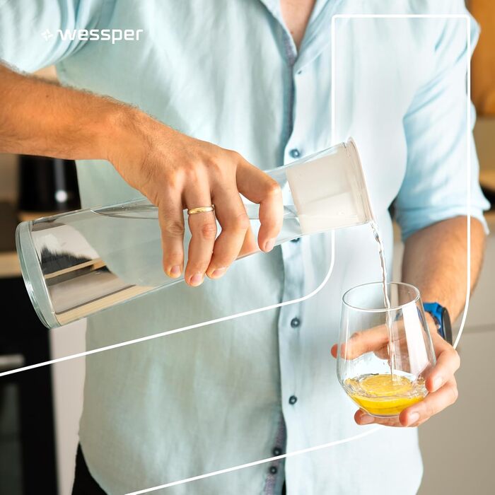 Скляний графин з фільтром для води Wessper, 1 літр, графин для води з мікродисковим фільтром для води, скляний графин з кришкою, для фільтрованої води та холодних напоїв, БЕЗ BPA - білий