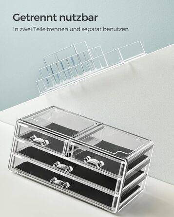 Органайзер для макіяжу SONGMICS, косметичний органайзер з 4 шухлядами та 11 відділеннями різних розмірів, нековзні вставки, для макіяжу та ювелірних виробів, прозорий JKA001TP