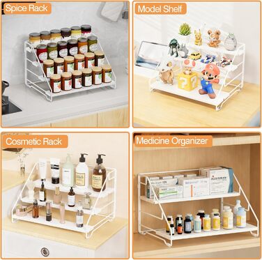 Рівнева підставка для спецій, металева підставка для спецій, регульована без свердління, тримач для спецій, органайзер для підставок для спецій для кухні, шафи та стільниці, компактна кухонна полиця (біла), 4-