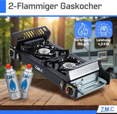 Туристична плита ZMC Premium з 2 конфорками, 2,5 кВт, п&39єзоелектричним запалюванням та футляром для перенесення Подвійна газова плита для використання на вулиці, балконі та в приміщенні Комплект газової плити (додатково) включає пластину для гриля 45x24