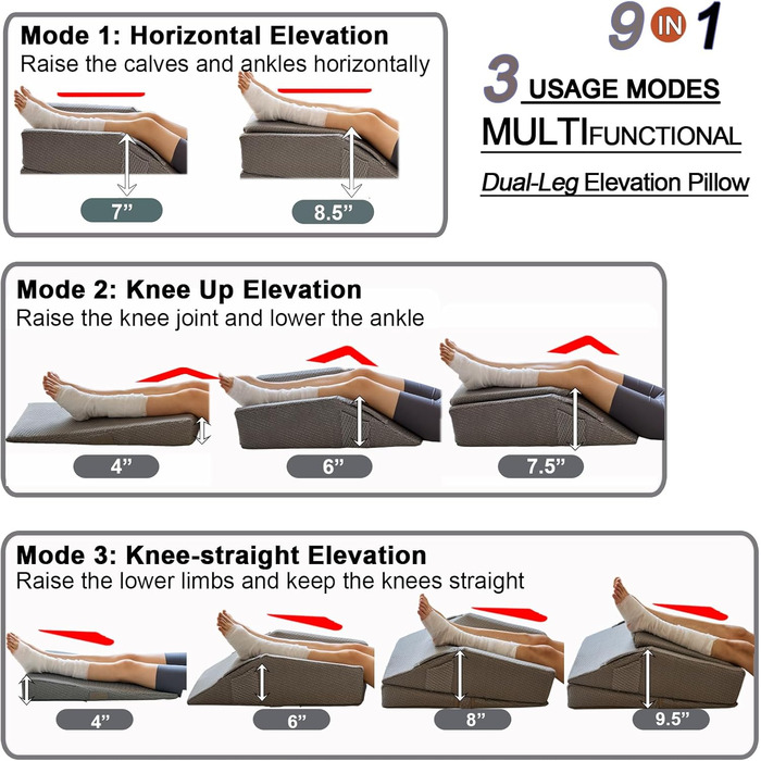 Багатофункціональна подвійна подушка для підняття ніг 9-в-1, 3 режими для колін, щиколоток та ніг, регульоване по висоті U-подібне положення ніг, бічні кишені та ручки, чохол з повітряним шаром, що прається (сірий сірийповітрянийшаровийчохолдляног)