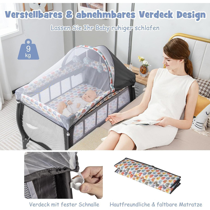 Дитяче ліжечко FANTASK 4-в-1 зі складним матрацом, пеленальний столик та балдахін, дорожнє ліжечко на колесах, сумка для перенесення, портативне тумбочки з ігровою аркою та музичний мобіль для малюків до 36 місяців