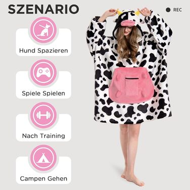 Ковдра великого розміру з капюшоном для дорослих, портативна ковдра з шерпа-флісу з рукавами та кишенями, м&39яка тепла затишна толстовка з капюшоном для жінок та чоловіків, принт корови