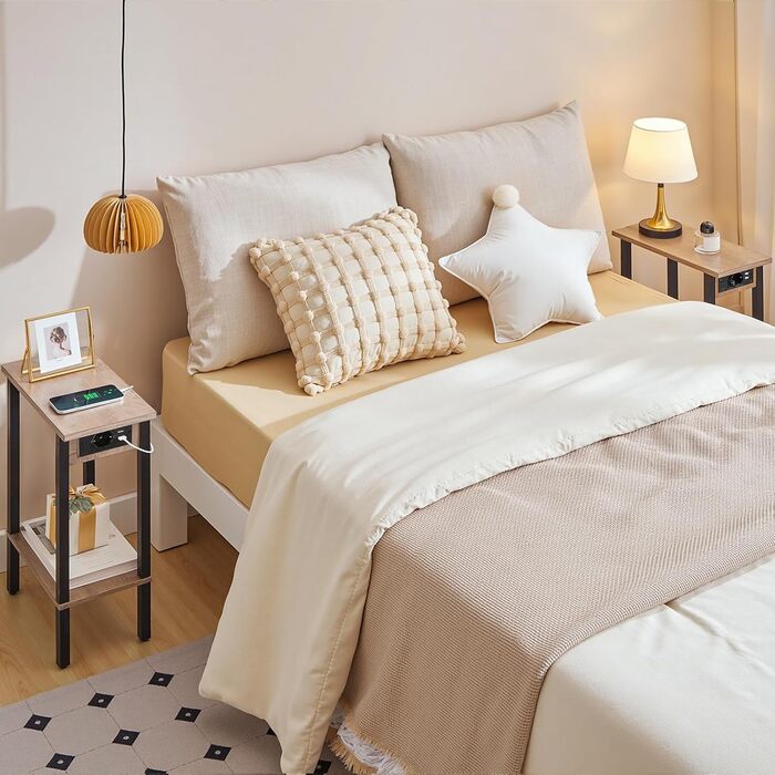 Вузький 2-ярусний бічний столик HOOBRO, диван-столик із зарядною станцією, тумбочка з полицею, журнальний столик, для невеликих приміщень, вітальні, спальні, кабінету, сіро-чорний EBG240CBZ01 сіро-чорний 1