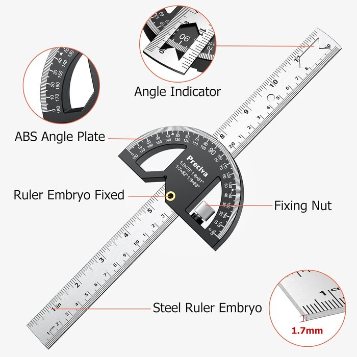 Транспортир, кут зупинки Preciva Універсальний комбінований кутник з упором лінійки для точної розмітки та креслення з багатокутною упорною лінійкою Protractor Високоякісний професійний вимірювальний інструмент