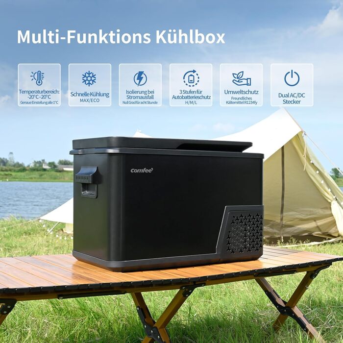 Компресорний холодильник Comfee RCP27DK3(E) об&39ємом 27 л, електричний туристичний холодильник 12 В/230 В, від -20 до 20, 3 регульовані рівні температури, рівень шуму 45 дБ, ідеально підходить для автомобіля, вантажівки, пляжу, пікніка клас енергоспожива