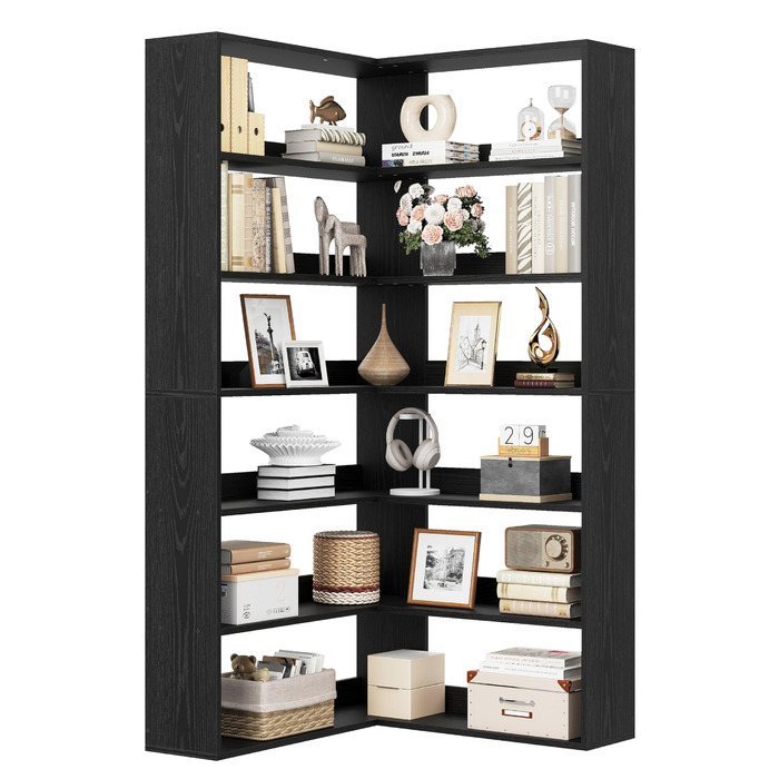 Книжкова полиця IRONCK, 6 ярусів, кутова полиця, висота 180 см, окремостояча дерев&39яна L-подібна відкрита полиця, полиця для зберігання речей для кабінету, офісу, вітальні, спальні (чорна)
