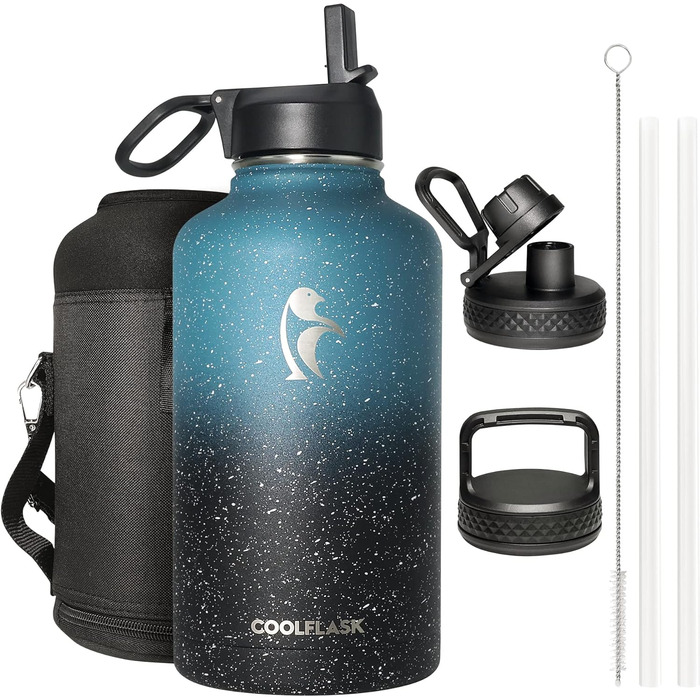 Пляшка для води 1,8 л, ізольована соломою та 3 кришками, охолоджуюча пляшка, півлітра, глечик для води, галактика, велика, металев