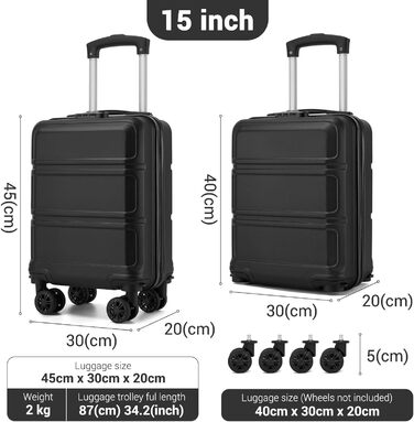 Компактний ручний багаж KONO з від'ємними колесами, 40x30x20 см (без коліс). Легкий борт-валіза з ABSPC для Ryanair, EasyJet & Eurowings (Чорний) 40x30x20 см - Ryanair Чорний