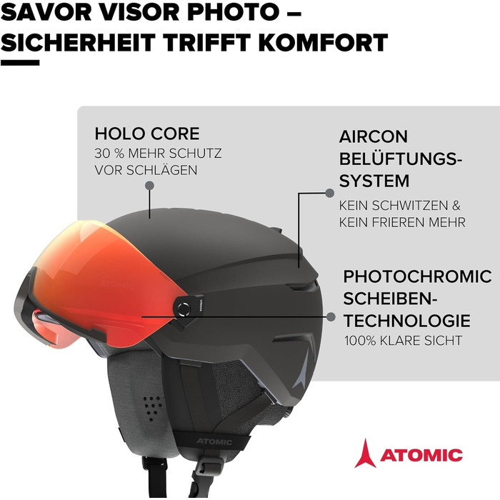 Лижний шолом Atomic Savor Visor Photo з козирком - Максимальна амортизація - Активна система вентиляції кондиціонером - Високоякісне дзеркальне покриття для чіткого огляду Чорний 55-59