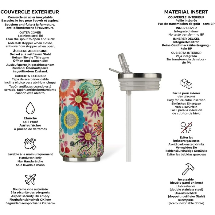 Ізольована пляшка для пиття Les Artistes Paris Pull can&39IT з нержавіючої сталі та поліпропілену кольору Eden, 280 мл, розміри 7,2 см x 7,2 см x 14 см, A-6828 280 мл Різнокольоровий