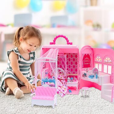 Ляльковий будиночок, Рожева сумка для перенесення Ляльковий будиночок, Складана сімейна іграшка зі спальнею та ванною кімнатою, Портативний ляльковий будиночок заввишки приблизно 46 см з ручкою для перенесення (лялька не входить до комплекту)