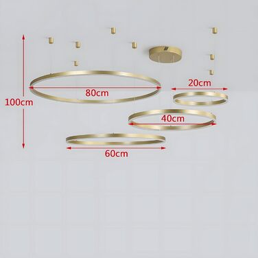 Металева світлодіодна люстра WayLuoung 3 кола 204060см Стельовий підвісний світильник з кільцями 45 Вт, пульт дистанційного керування з регулюванням яскравості 3000-6000K, підвісний світильник з акриловим абажуром, вітальня Спальня Фойє Їдальня (золотий,