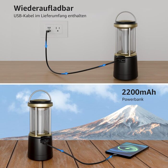 Світлодіодний кемпінговий ліхтар Lepro, акумуляторний, 2000 люмен, 5-рівневий регульований прожектор, водонепроникний аварійний ліхтар IPX4 з акумуляторним зарядним пристроєм, підходить для відключень електроенергії, походів та інших сценаріїв, чорний