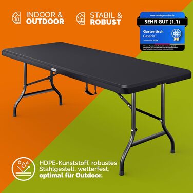 Садовий стіл Casaria 183x76 см, складний, водонепроникний, портативний, пластиковий, на 8 осіб, садовий, патіо, кемпінговий, балконний, розкладний, фуршетний, антрацит