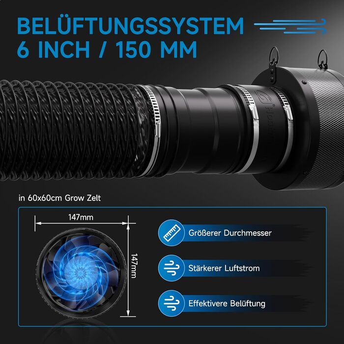 Повний набір наметів для вирощування Hon&Guan зі світлодіодною лампою для вирощування HG1000, намет для вирощування 60x60x160 см, намет для вирощування 150 мм, система вентиляції з фільтром з активованим вугіллям, трубчастий вентилятор, повний набір намет