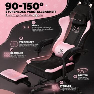 Миле ігрове крісло з оксамитовою тканиною, ергономічне офісне крісло, ігрове крісло з котячими вушками, піною з ефектом пам&39яті та підставкою для ніг, 150 кг, рожева тканина