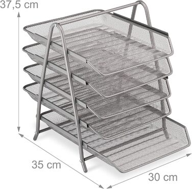 Лоток для документів Relaxdays, лоток для паперу формату A4, 4 відділення, 37,5 x 30 x 35 см, сітчастий дизайн, офісний лоток, срібло