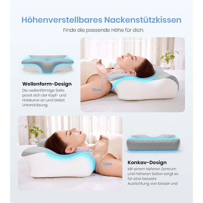 Подушка з піни з ефектом пам&39яті, ортопедична подушка для шиї 2 в 1, ергономічна подушка для підтримки шиї, регульована по висоті подушка для сну на боці, спині та животі, 60x41,5x10/12 см, білого та сірого кольорів