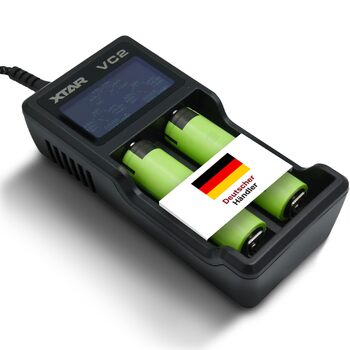 Зарядний пристрій XTAR VC2 з 2 відсіками, включаючи 2 літій-іонні акумулятори (3,45 Аг, живлення від USB - 3,6 В), елементи з піднятим позитивним виводом, незахищені