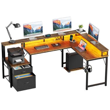 Кутовий письмовий стіл YOUDENOVA з шухлядами, L-подібний, 168x100 см, ігровий стіл зі світлодіодним підсвічуванням, комп&39ютерний стіл з розеткою та портом зарядки USB, офісний стіл, коричневий, 168*100*88,5 см, вінтажний коричневий