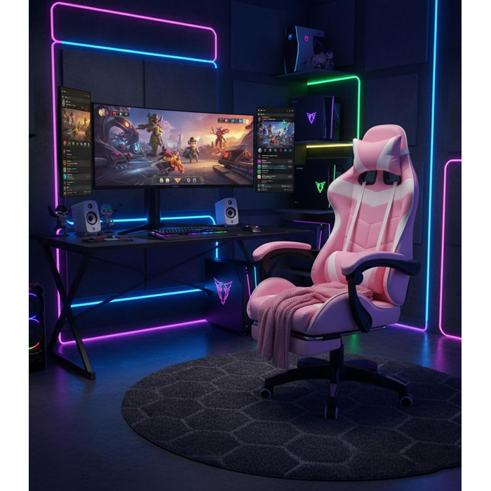 Ігрове крісло VDD Cyclone з підставкою для ніг - Офісне крісло - Гоночне ігрове крісло - Рожево-біле