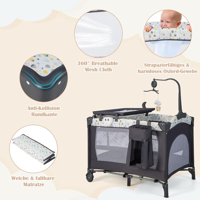 Дитяче ліжечко DREAMADE 4-в-1, складне та портативне дитяче ліжечко з колесами, матрац, пеленальний килимок та музичний мобіль, 102 x 72 см, приліжкове ліжечко для малюків 0-36 місяців (бежевий)