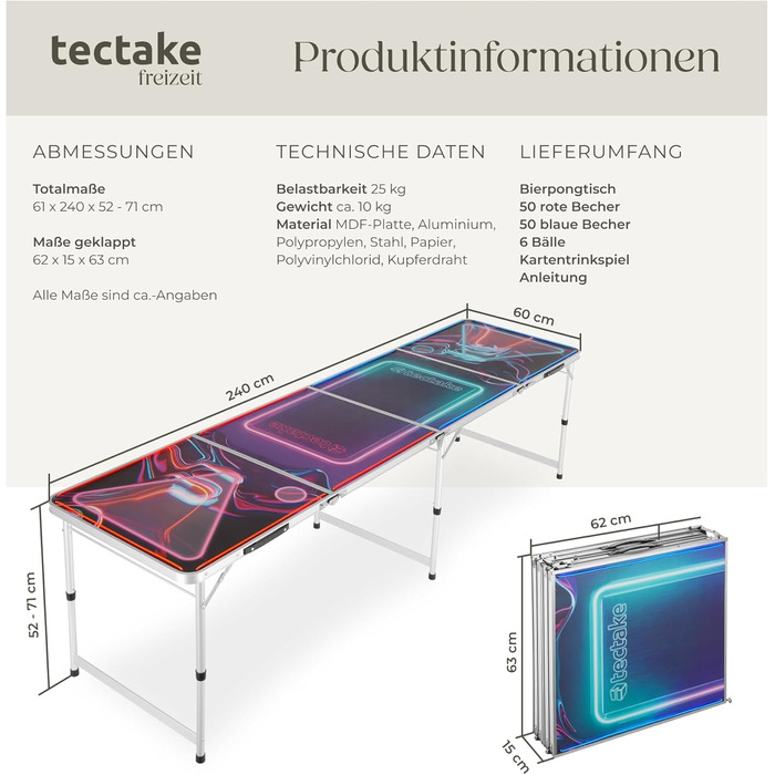 Стіл для пивного понгу tectake з декорацією для вечірки, світлодіодним освітленням, стіл з регульованою висотою, розкладний стіл, комплект з аксесуарами, стіл для пивного понгу, 100 пластикових стаканчиків, 6 м&39ячів та карткова гра з напоями BeerWars I