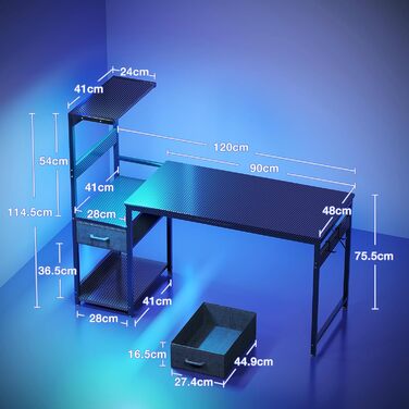 Ігровий стіл Coleshome зі світлодіодним освітленням, 12048 см Ігровий стіл з шухлядами та полицею, двосторонній комп&39ютерний стіл з тримачем для навушників, чорний колір вуглецевого волокна Карбонове волокно Чорний 12048 см