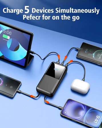 Портативний зарядний пристрій ємністю 40000 мАг, 22,5 Вт, з функцією швидкої зарядки PD через USB-C, 3 порти та 2 вбудовані кабелі, зовнішній акумулятор, сумісний з iPhone 17, 16, 15, 14, 13, Android та іншими пристроями, 40000 мАг, чорний