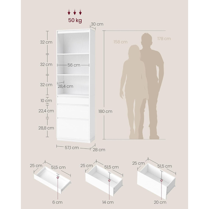 Колекція Kailyn - Книжкова шафа, Висока шафа, 3 шухляди різного розміру, Регульовані полиці, Вітальня, Спальня, Кабінет, Сучасний, Компактний, Білосніжка LBC188W01