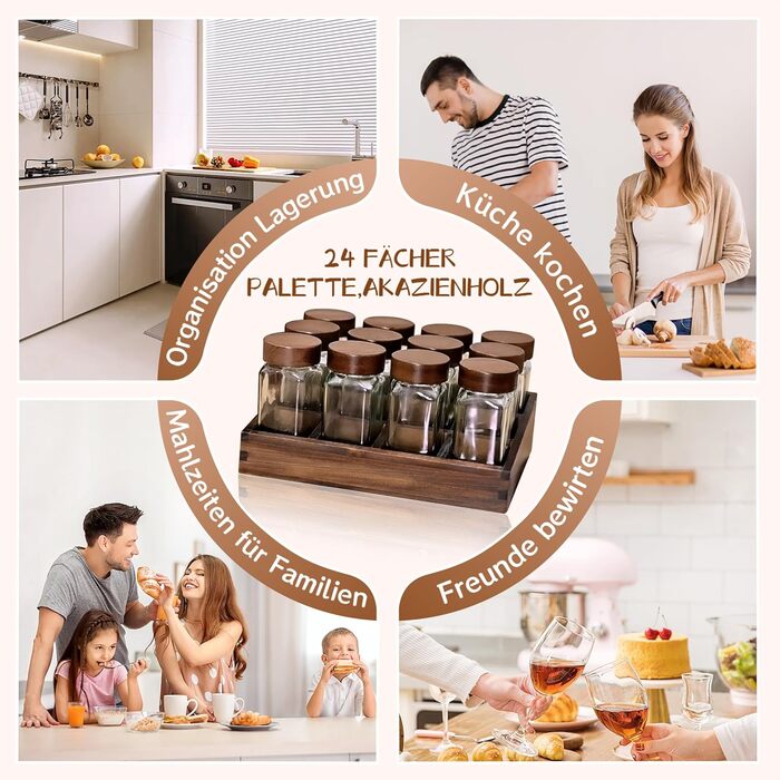Елегантна підставка для спецій з дерева акації Дерев&39яна підставка для спецій 12 квадратних баночок для спецій об&39ємом 120 мл Етикетки для спецій Натуральний органайзер для спецій Підставка для спецій з банками, колір дерева акації - 12 баночок