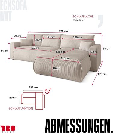 Диван з функцією сну, диван L, засіб для чищення оббивки, диван-ліжко з місцем для зберігання, розкладний диван для вітальні, окремостоячий диван, диван Havana Relax, 3-місний, 270x173x80 см, сірий