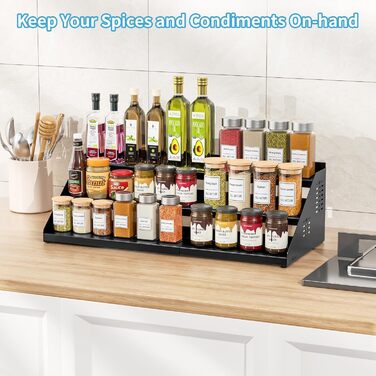 Рівнева підставка для спецій, органайзер для кухонних полиць, органайзер для спецій, розширюваний металевий органайзер для кухонних шаф від 34 см до 55 см, для стільниць, кухні, їдальні - чорний, 3-