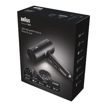Фен Braun HD4.2 Premium легкий та потужний (2100 Вт) з технологією Super IONTEC, дифузором та насадкою для стайлінгу, 3 температури та 3 швидкості, для всіх типів волосся, чорно-сірий, BRHD425E
