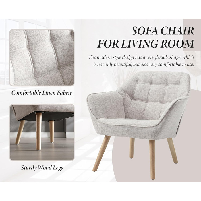 Акцентне крісло, м&39яке крісло для читання з лляними дерев&39яними ніжками, крісло для читання, одномісний диван, крісло під телевізор для вітальні, спальні, бежевий 1 бежевий