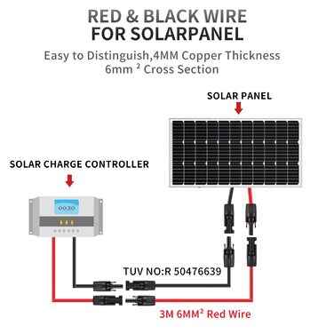 Подовжувач сонячної панелі GENORTH, професійний сонячний кабель 2x3 м, сонячний подовжувач із сонячною вилкою, червоний/чорний 6 мм 3M сонячний кабель