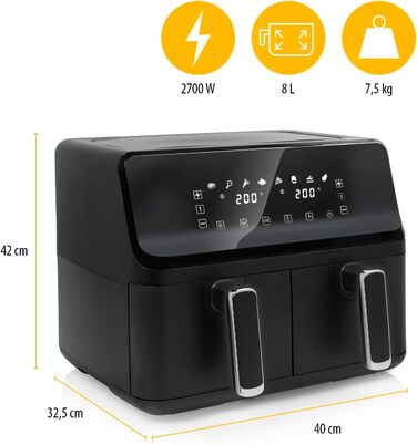 Цифрова фритюрниця Tristar з подвійним кошиком - 2 x 4 л ємність - 2700 Вт - 8 програм - температура регулюється в кожному кошику, чорний