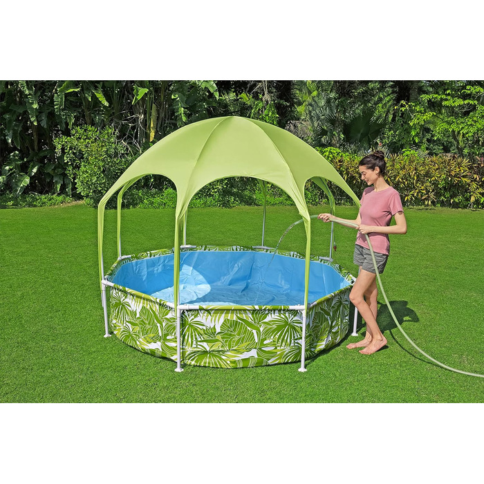 Басейн Bestway Steel Pro Frame з навісом від сонця 244x51 см Круглий садовий басейн із розбризкувачем та захистом від ультрафіолету, наземний басейн для дітей та сімей, дизайн Green Leaf, літній, 244 x 51 см 2