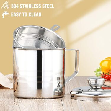 Контейнер для жиру Chihee Економія жиру для бекону з нержавіючої сталі з дрібним сітчастим ситечком 1,2 л Контейнер для олії з пилонепроникною кришкою Протиковзкий піддон для кухні для смаження Приготування їжі Зберігання жиру Масляне ситечко