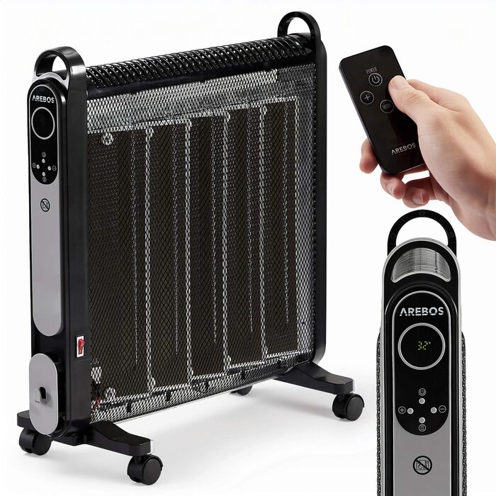 Конвекторний обігрівач Arebos Mica 2000 Вт 2 потужних рівня нагріву Регульований термостат 3D-система опалення Енергозберігаючий променевий обігрівач У комплекті пульт дистанційного керування та цифровий дисплей Тепловентиляторний обігрівач Чорний