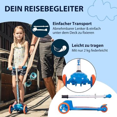 Дитячий триколісний самокат HUDORA Flitzkids 2.0 міцний, з широкою платформою та регулюванням висоти, до 50 кг, алюміній, синій