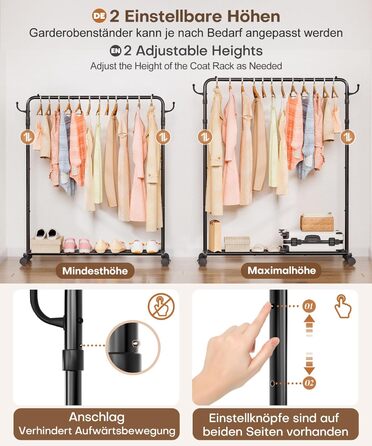 Багатофункціональна вішалка для одягу Yorbay з регульованою висотою на колесах міцна металева вішалка для одягу з полицею для багажу - компактна вішалка для одягу для спальні та пральні (117,5 см) чорного кольору 117,5 см