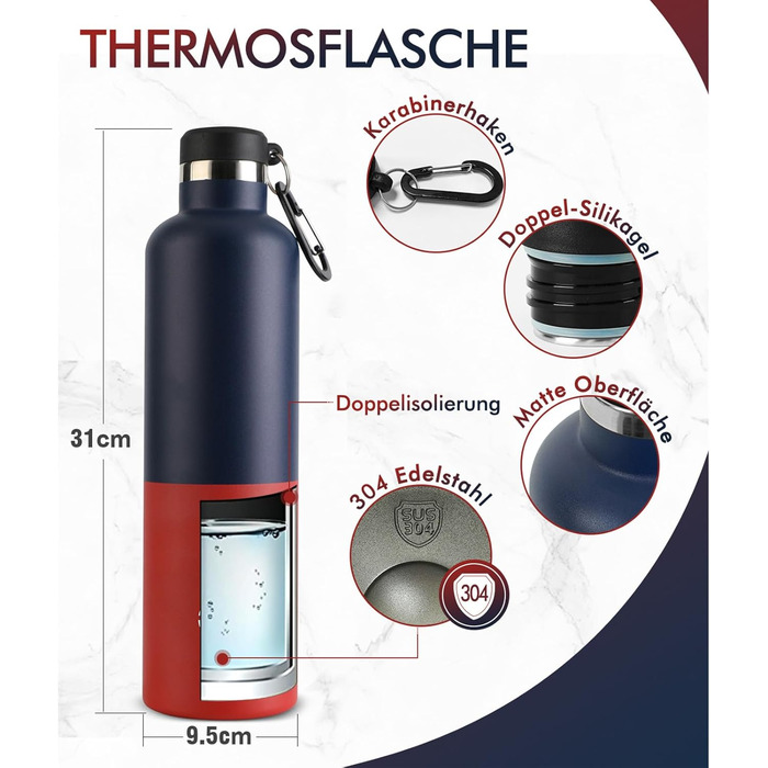 Пляшка для води FEIJIAN з нержавіючої сталі 1 л з карабіном - герметична термос для газованих напоїв, кави, чаю, без BPA, спортивна та туристична пляшка для води з газованими напоями, для університету, школи, кемпінгу, велоспорту, синьо-червона, 1000 мл